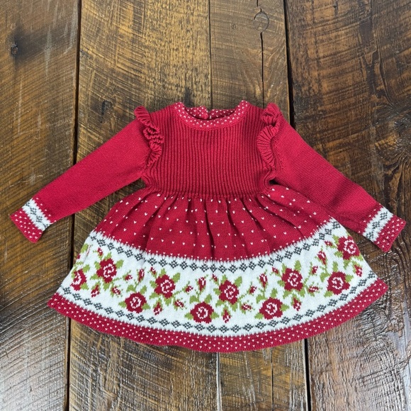 Max Studio Baby Girls Knit Dress Red Floral Fair Isle Sweater Dress 3-6 Months - Picture 1 of 6